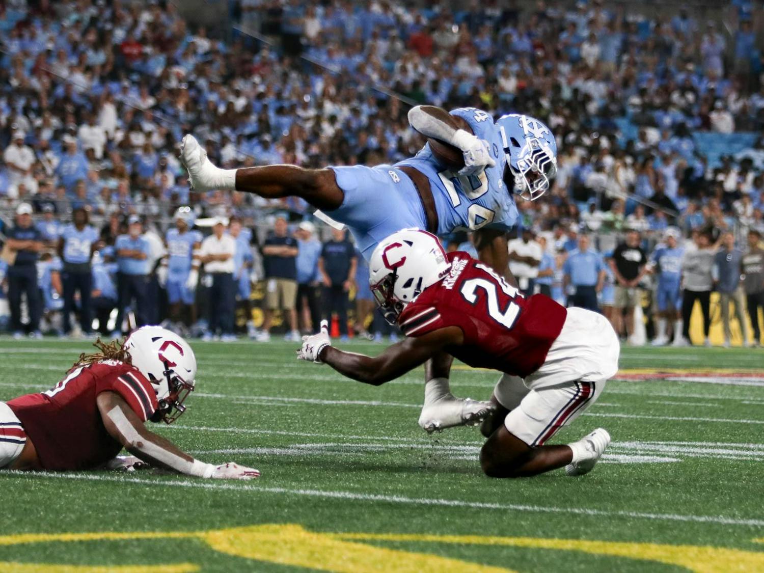 FILE —&nbsp;Freshman defensive back Jalon Kilgore tackles a player from the University of North Carolina at the Duke's Mayo Classic on Sep. 2, 2023, at Bank of America Stadium in Charlotte, North Carolina. The Tar Heels defeated the Gamecocks 31-17.