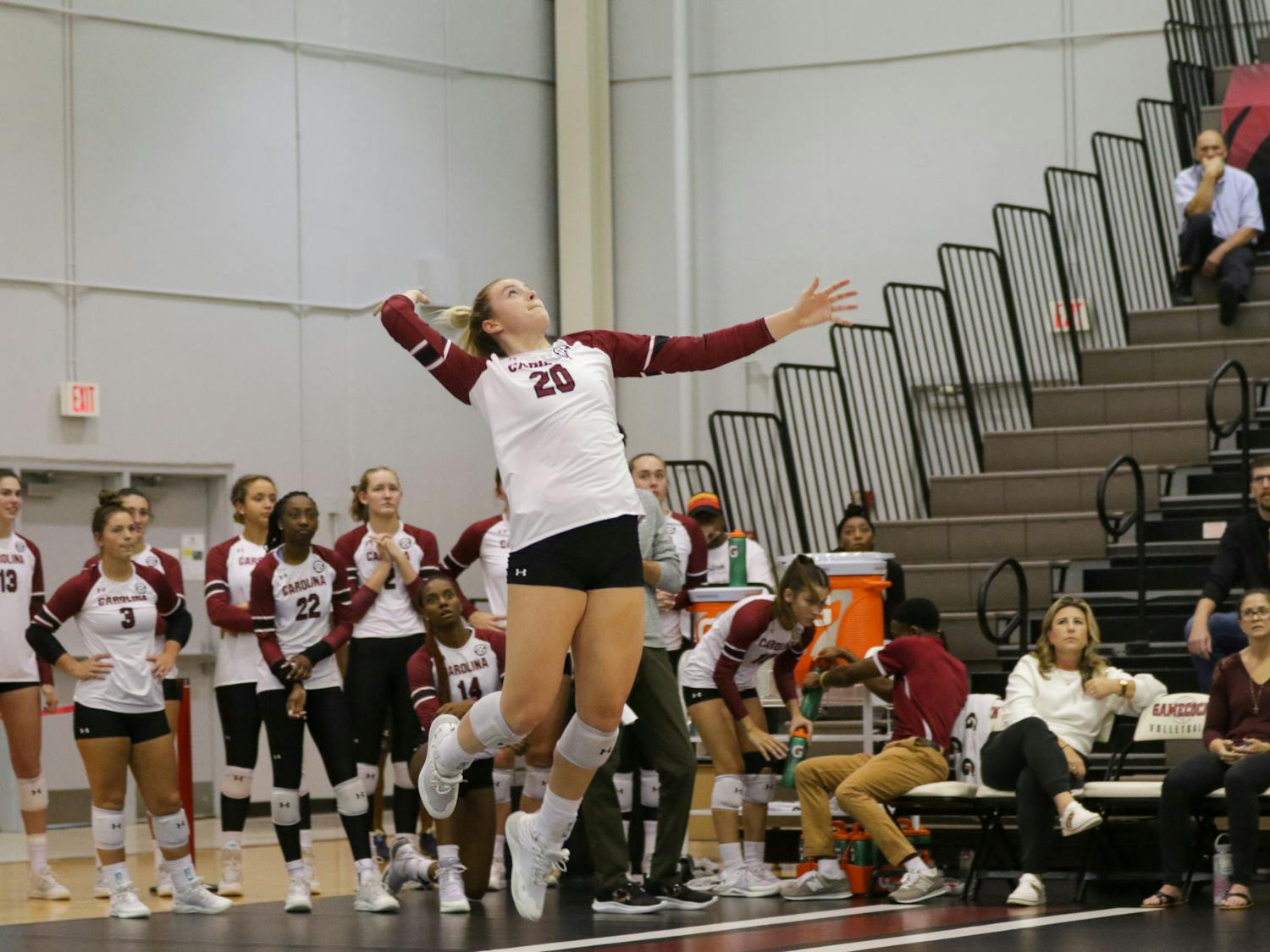 Junior outside Riley Whitesides serving at South Carolina’s game against Mizzou on Oct. 1, 2022. &nbsp;Strong defensive play earned the South Carolina volleyball team two victories over conference opponent Missouri this weekend.&nbsp;