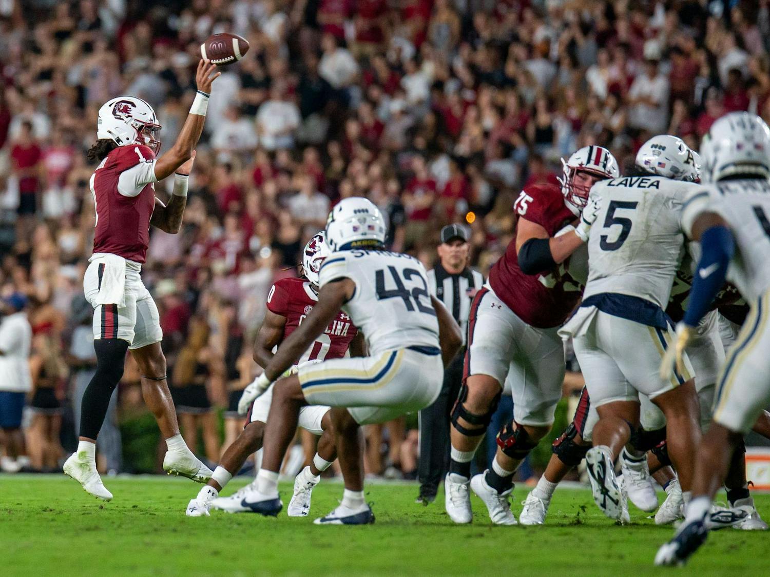 Redshirt senior quarterback Robby Ashford throws the ball toward an open reciever during South Carolina's game against Akron on Sept. 21, 2024. Ashford took over the starting quarterback position following LaNorris Sellers injury during the LSU game.