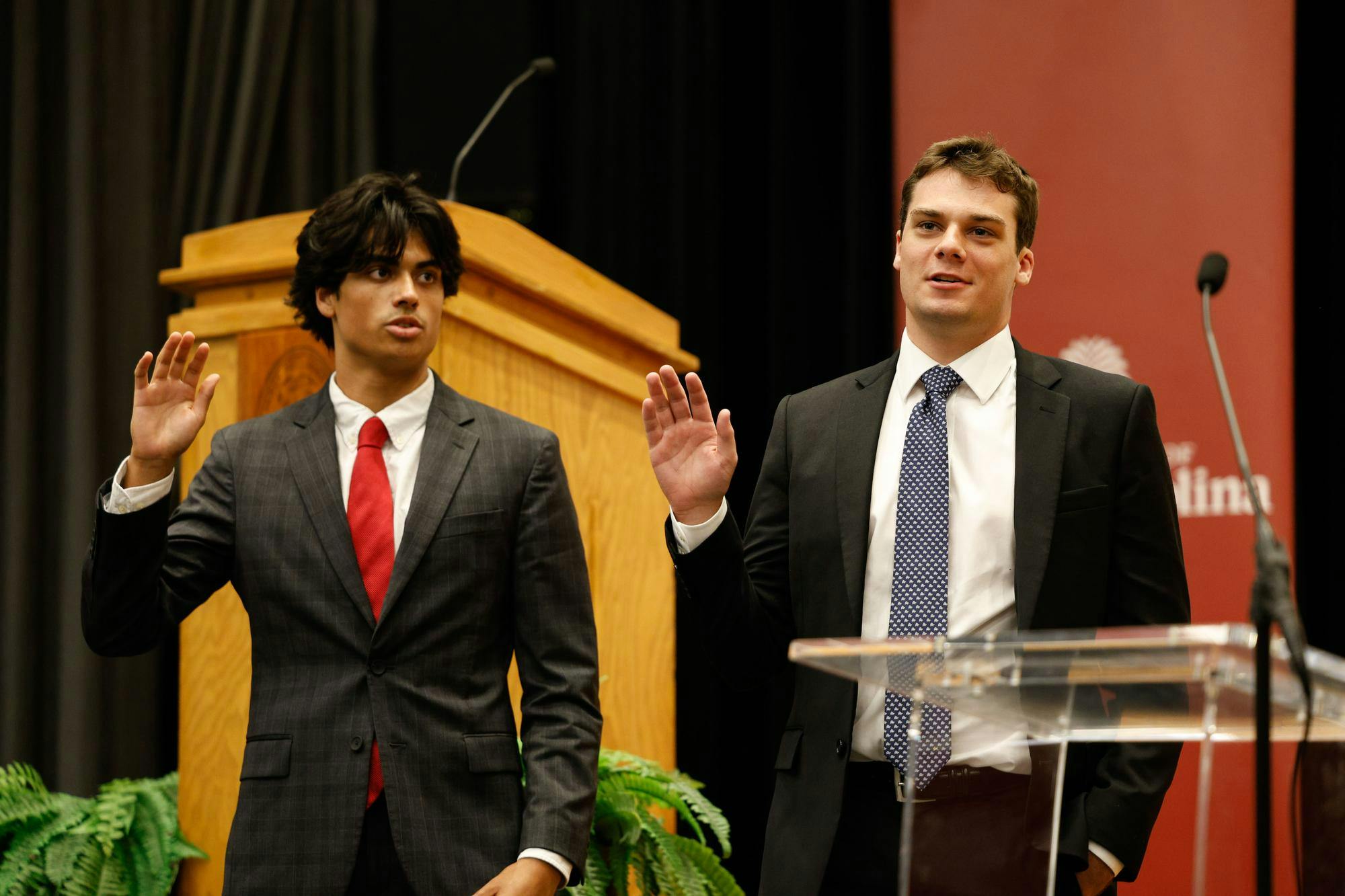New senators Lucas Solomon and Thomas Spurgeon are sworn into office at the student senate meeting at Russell House Theater on Nov. 6, 2024. Both senators will serve on the Sustainability Committee.
