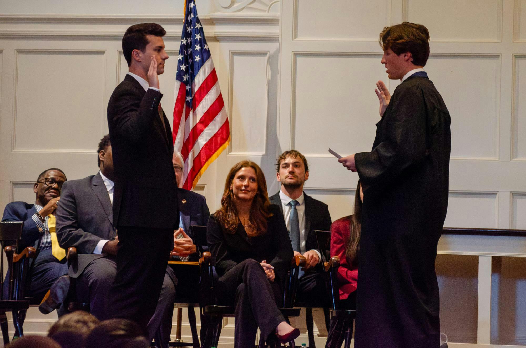 Student Body President Cole Rotondo takes the oath of office in Rutledge Chapel on March 19, 2026. The oath is administered by Associate Justice Tyler Frintner of the Constitutional Council, the judicial branch of Student Government.