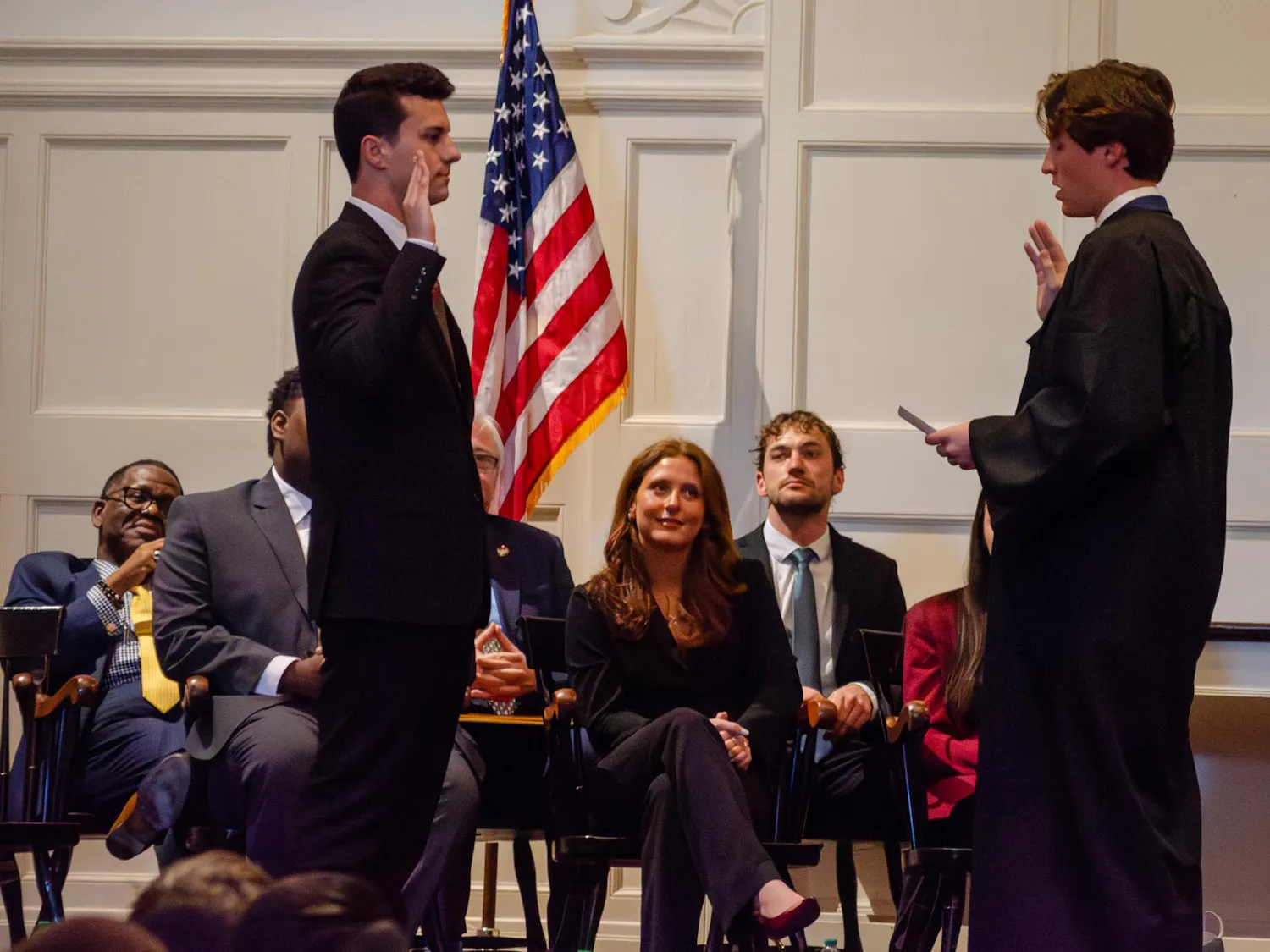 Student Body President Cole Rotondo takes the oath of office in Rutledge Chapel on March 19, 2026. The oath is administered by Associate Justice Tyler Frintner of the Constitutional Council, the judicial branch of Student Government.
