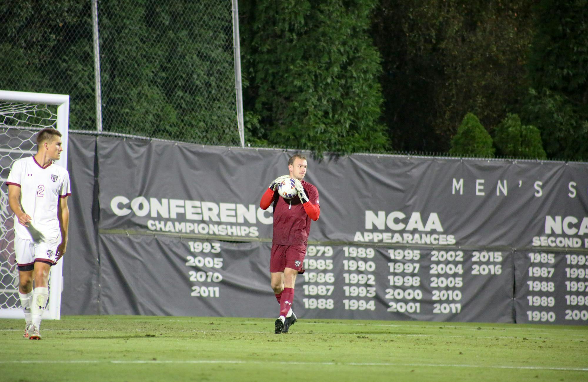 Sophomore goalkeeper Filip Versterre looks for a teammate to roll the ball to on Oct. 26, 2025, at Eugene E. Stone III Stadium. Versterre had three goals saved and three goals allowed during the match against Coastal Carolina.