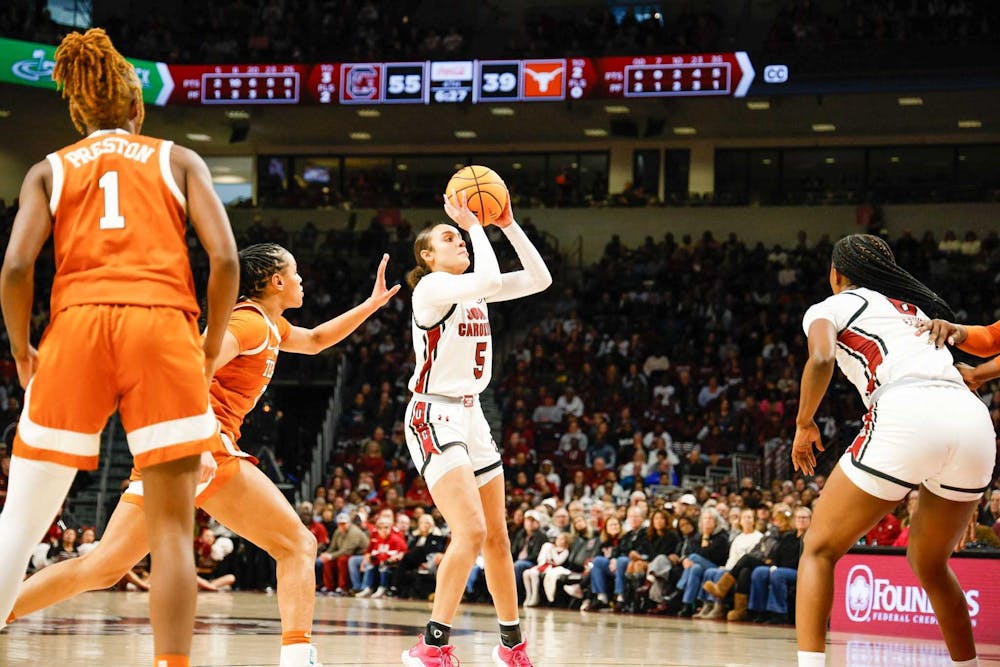 <p>FILE - Sophomore guard Tessa Johnson shoots the ball during the fourth quarter at the game against Texas on Jan. 12, 2025. Johnson scored 4 points during the game.</p>