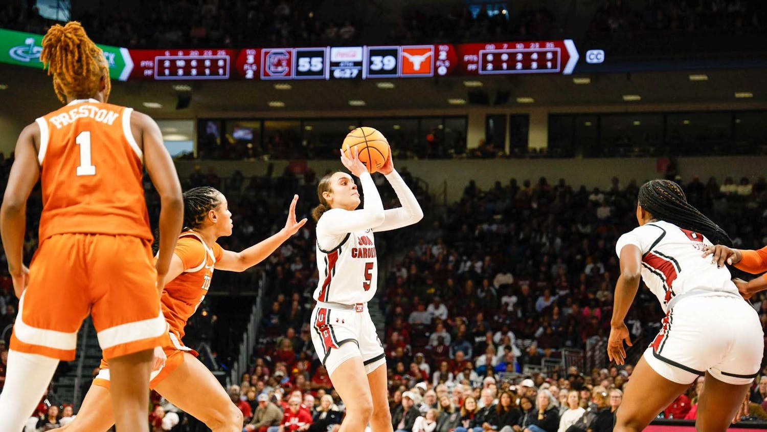 FILE - Sophomore guard Tessa Johnson shoots the ball during the fourth quarter at the game against Texas on Jan. 12, 2025. Johnson scored 4 points during the game.