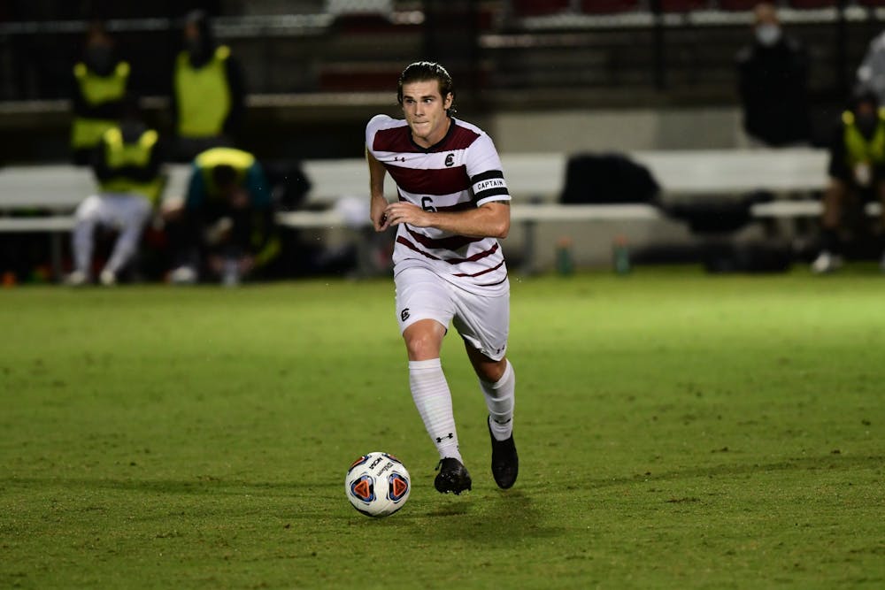 Gamecock redshirt senior Kyle Gurrieri runs toward the goal with the ball in his possession. South Carolina lost to Georgia State 3-1 Sept. 24, 2020.