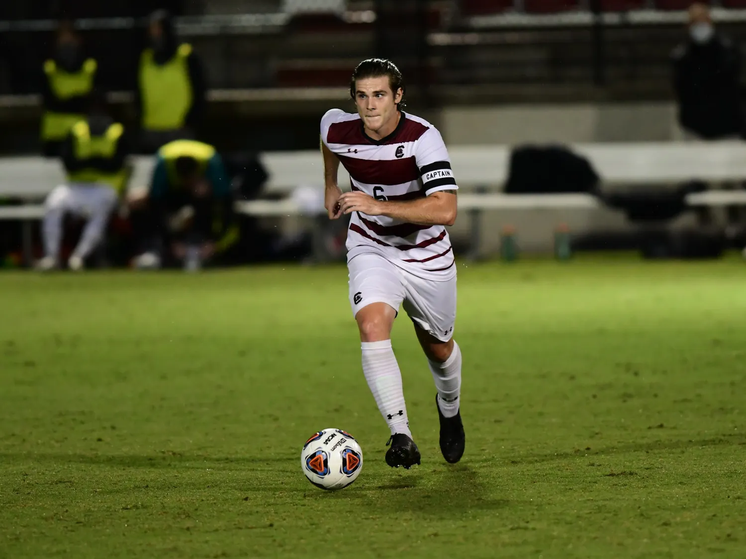 Gamecock redshirt senior Kyle Gurrieri runs toward the goal with the ball in his possession. South Carolina lost to Georgia State 3-1 Sept. 24, 2020.