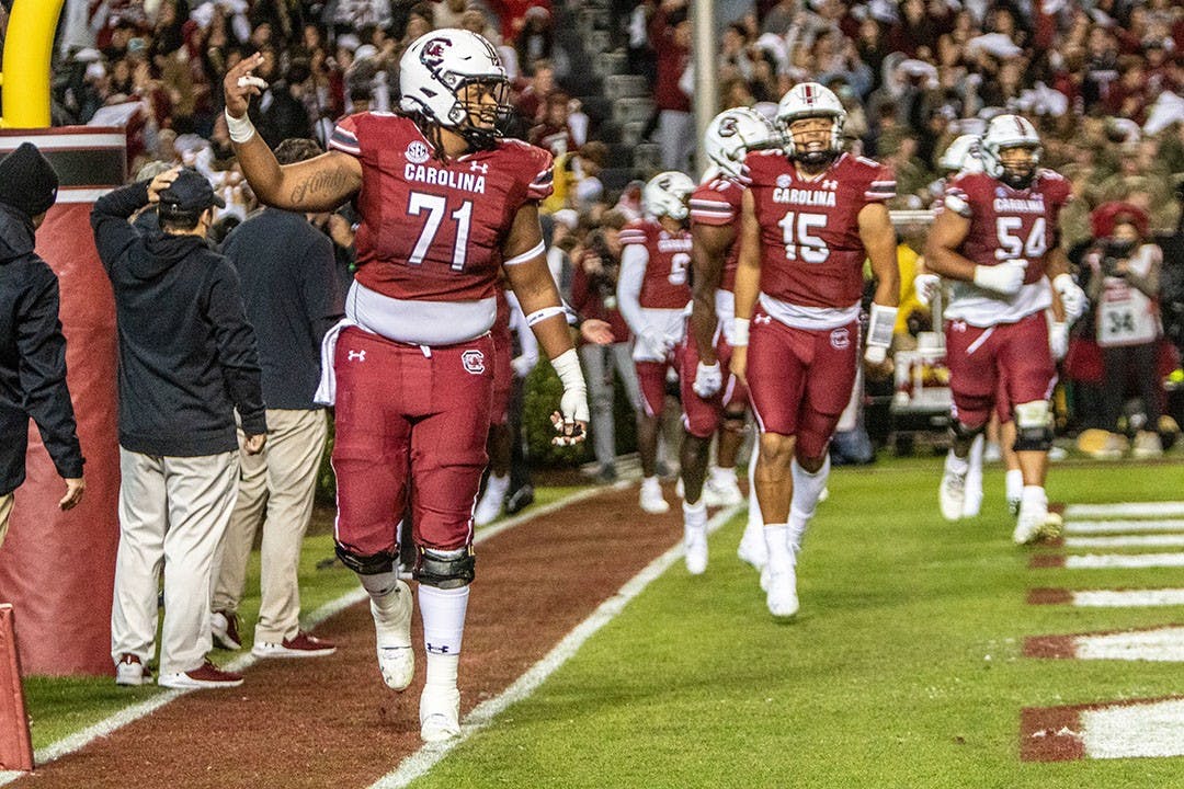 South Carolina players celebrate following a touchdown. The Gamecocks beat Florida 40-17.&nbsp;