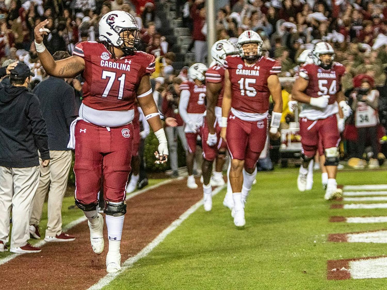 South Carolina players celebrate following a touchdown. The Gamecocks beat Florida 40-17. 