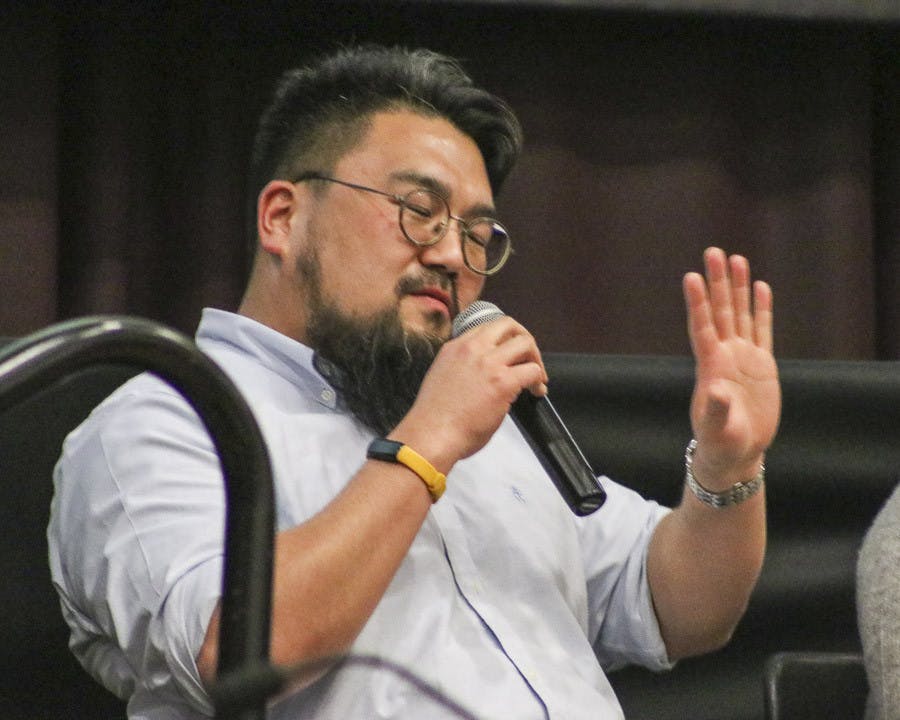 Seulghee Lee, an assistant professor of African American studies and English, speaks on issues concerning workspace diversity at the "Being Black in the Workspace" on Feb. 20, 2023 in the Russell House Ballroom. Lee touched on the micro-aggressions and discriminatory comments he has heard from fellow colleagues, and the importance of standing up for minorities.&nbsp;