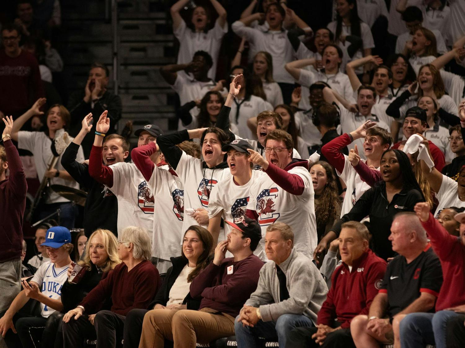 The Gamecock student section shouts at the officials following a foul call on Nov. 28, 2023. South Carolina defeated Notre Dame 65-53.