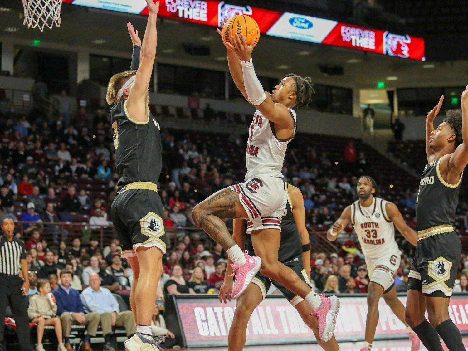 Junior guard Meechie Johnson drives for the net during South Carolina’s exhibition game against Wofford at Colonial Life Arena on Nov. 1, 2023. The Gamecocks beat the Terriers 60-57.