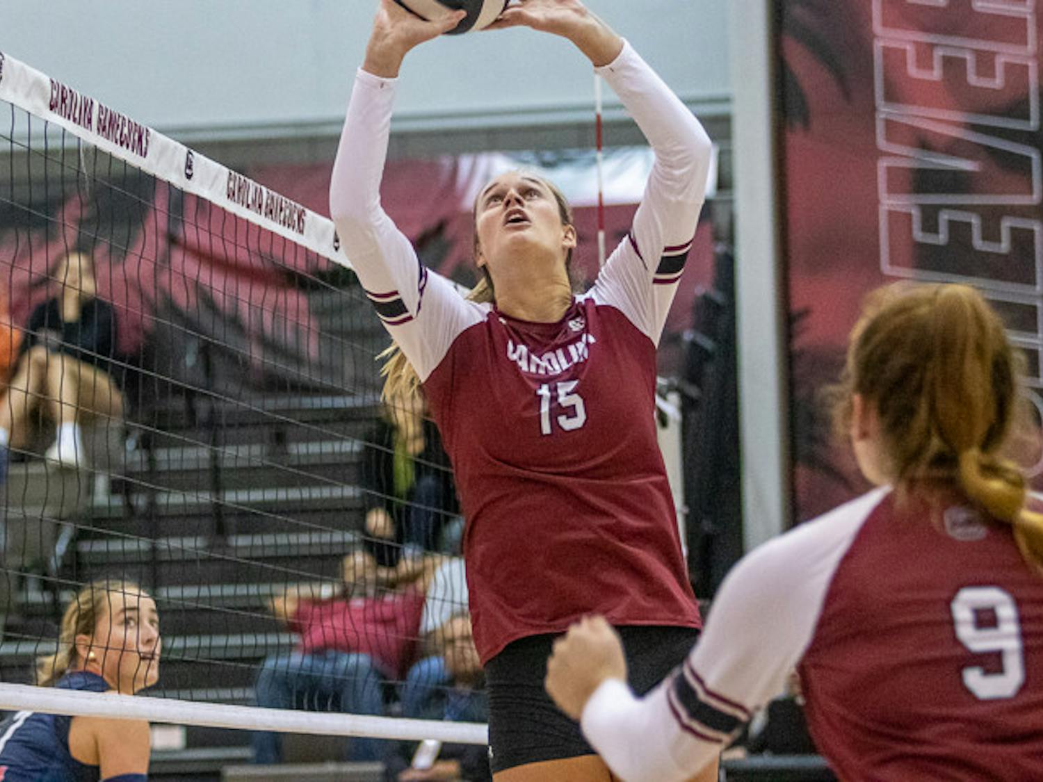 Sophomore setter Claire Wilson sets the ball to her teammate on Nov. 6 2022. The Gamecocks beat the Ole Miss Rebels 3-1