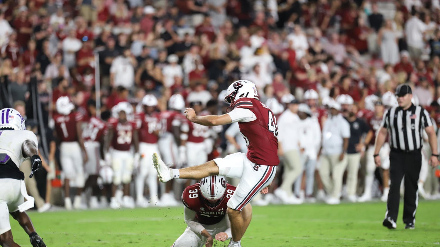 Redshirt senior placekicker Alex Herrera converts on his first extra point attempt of the year after a South Carolina touchdown in the second half of the game. South Carolina defeated Furman 47-21 in its first home game of the season.