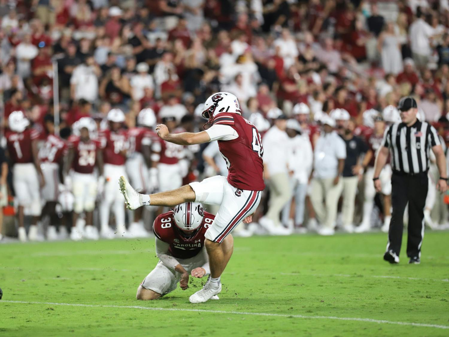 Redshirt senior placekicker Alex Herrera converts on his first extra point attempt of the year after a South Carolina touchdown in the second half of the game. South Carolina defeated Furman 47-21 in its first home game of the season.