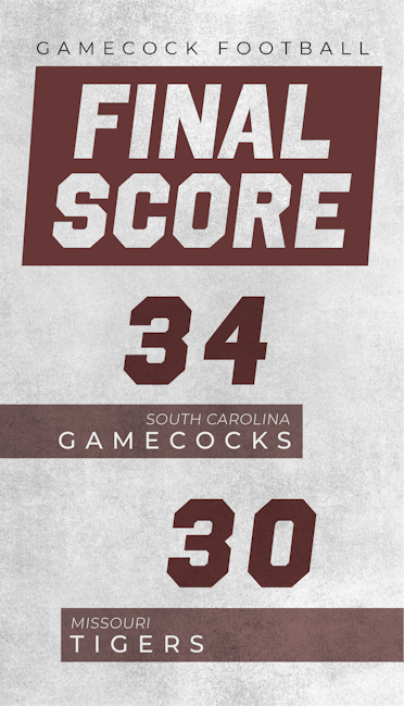 A graphic of the final score between South Carolina and Missouri reads, "South Carolina Gamecocks, 34" and "Missouri Tigers, 30".