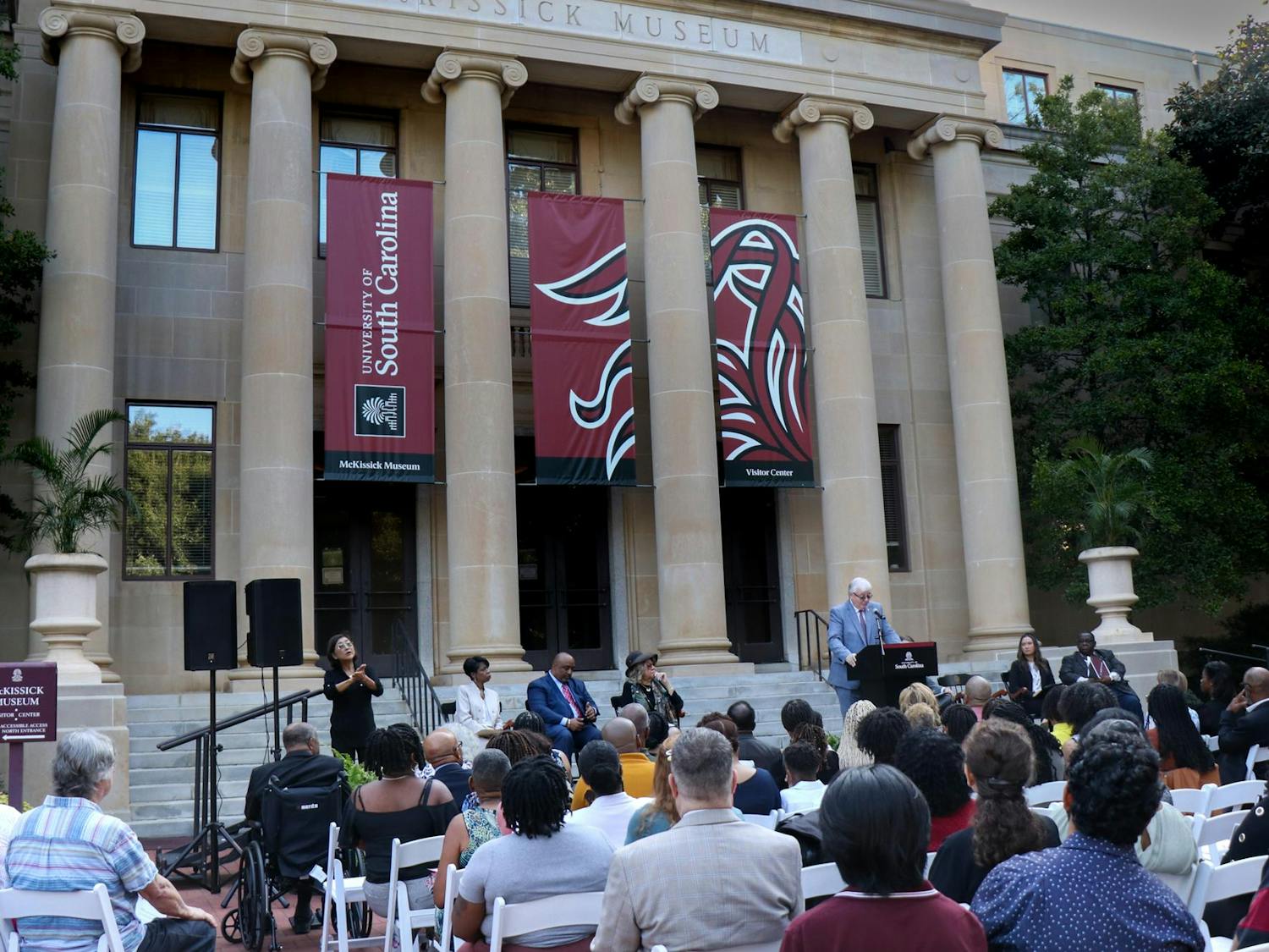 USC President Michael Amiridis speaks at the 60th anniversary of desegregation outside of the McKissick Museum on Sept. 11, 2023. Faculty from various colleges attended the ceremony to witness the groundbreaking for the statue that will stand on the Horseshoe in front of McKissick Museum.