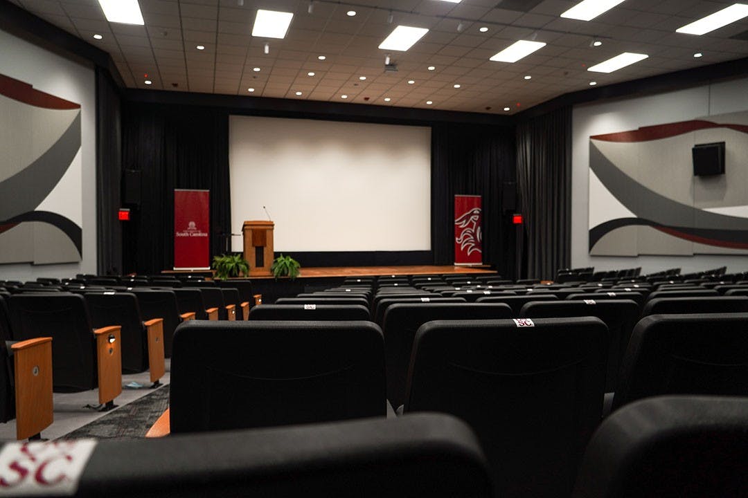Aisles of seats in the Russell House Theater.