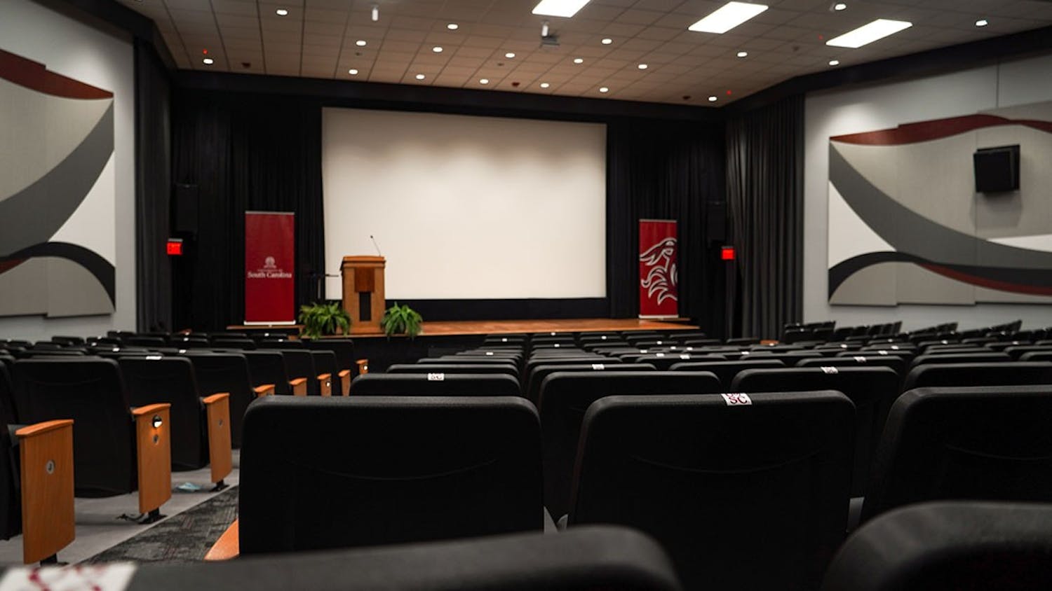 Aisles of seats in the Russell House Theater.