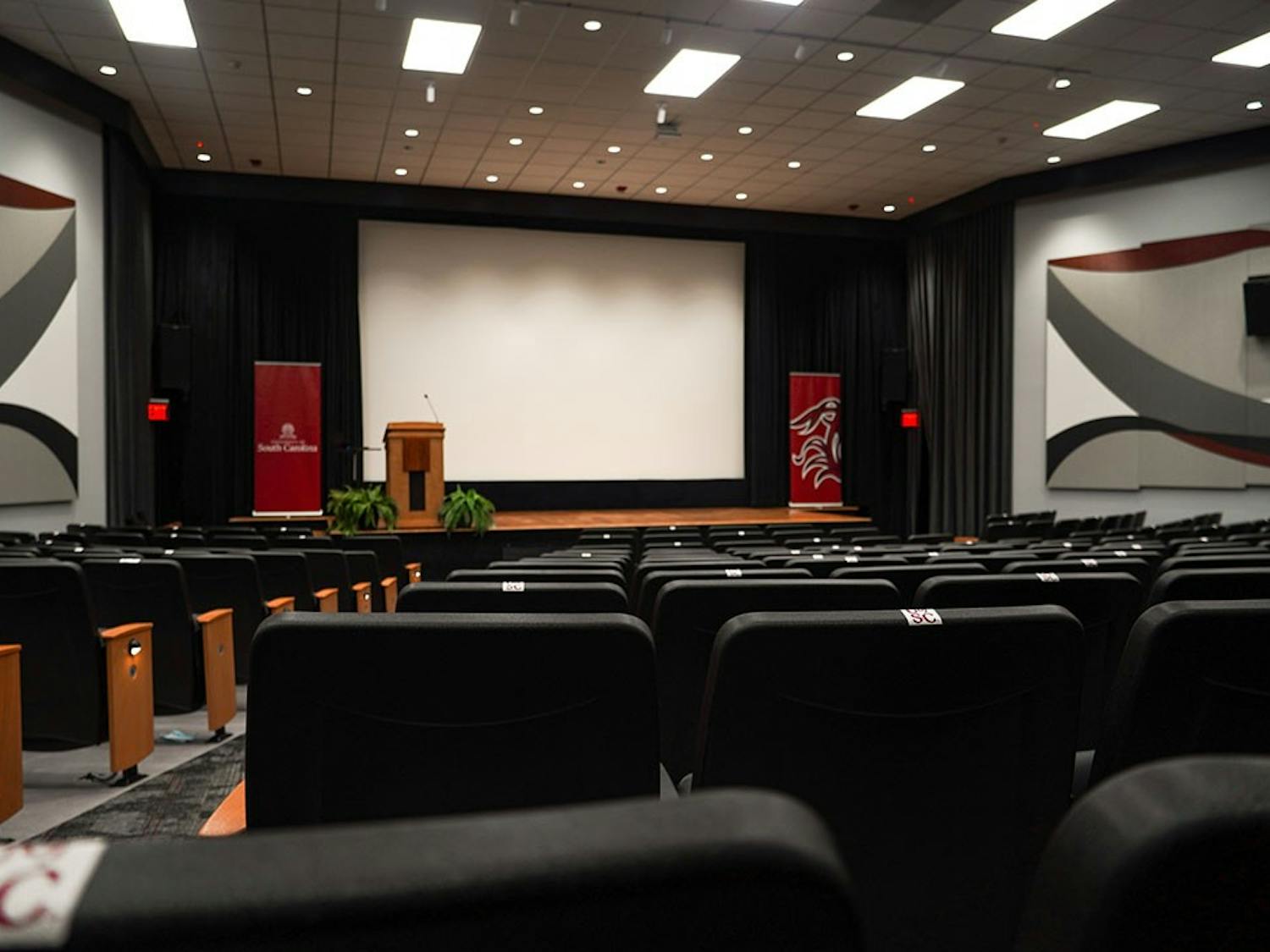 Aisles of seats in the Russell House Theater.