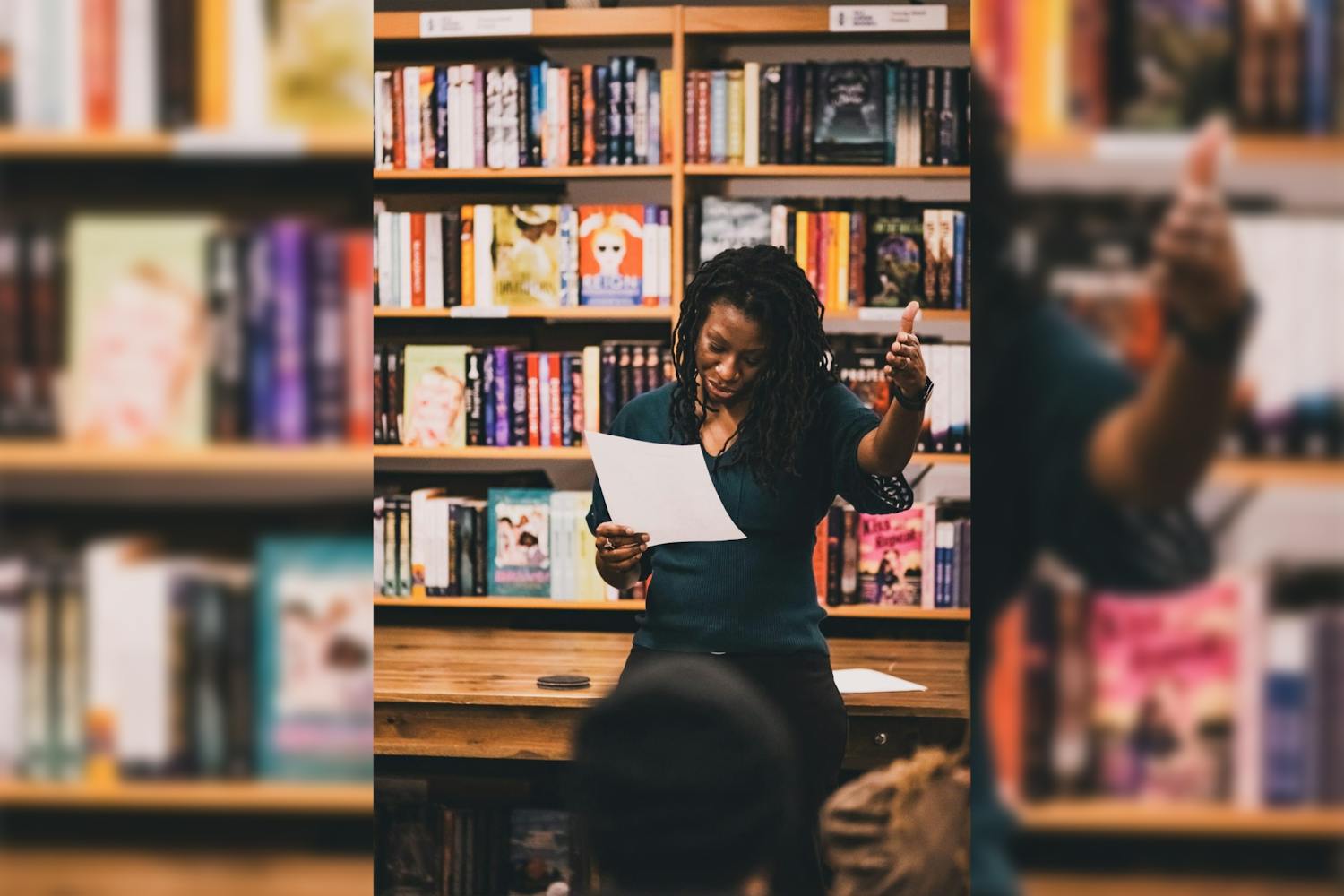 Jennifer Bartell Boykin, Poet Laureate of Columbia, speaks at an open mic and banned books readout sponsored by Allen University at All Good Books in Columbia on Feb. 8, 2023. Boykin is one of two people who oversees the Poetry Battle Royale program.