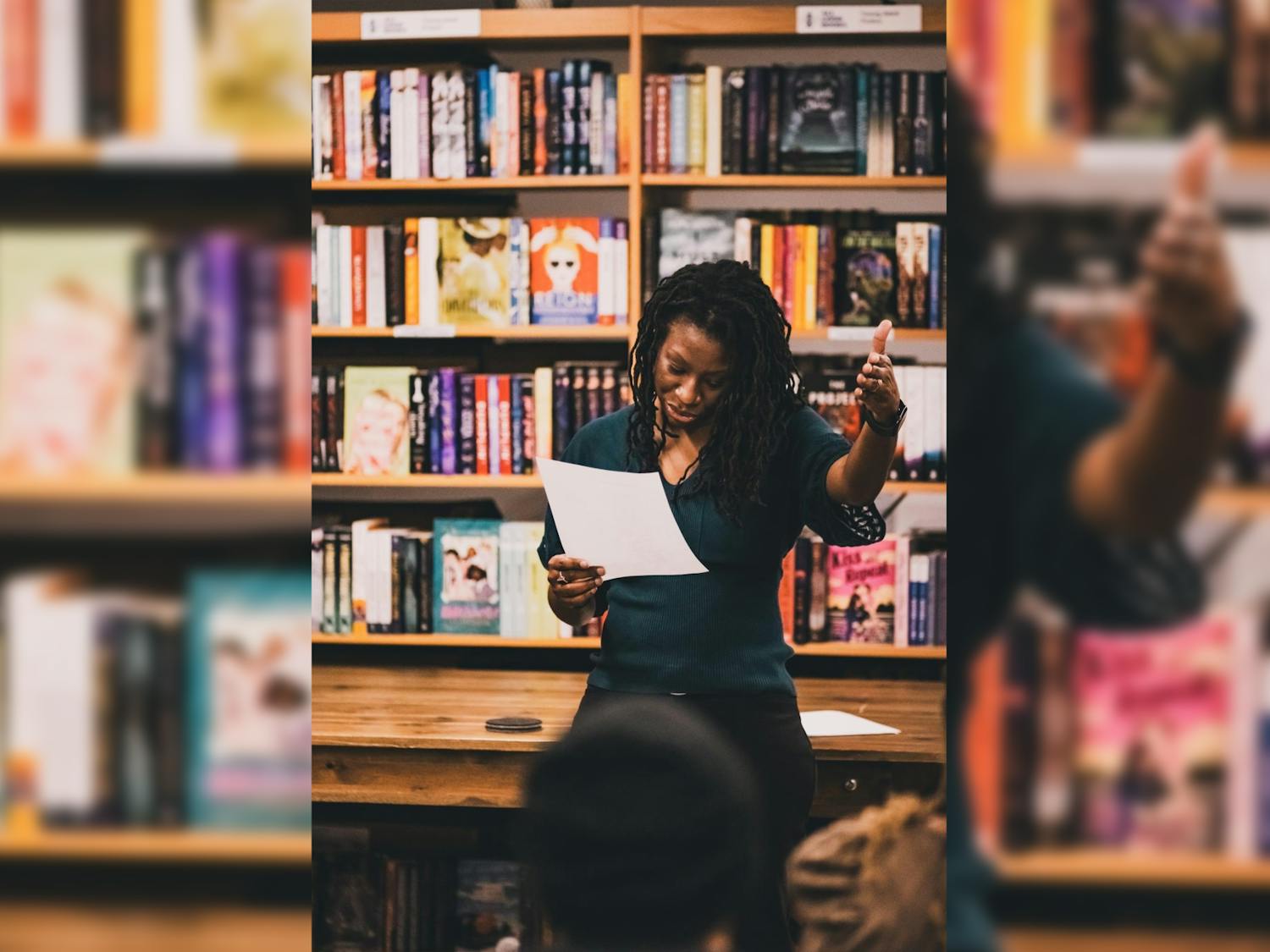 Jennifer Bartell Boykin, Poet Laureate of Columbia, speaks at an open mic and banned books readout sponsored by Allen University at All Good Books in Columbia on Feb. 8, 2023. Boykin is one of two people who oversees the Poetry Battle Royale program.