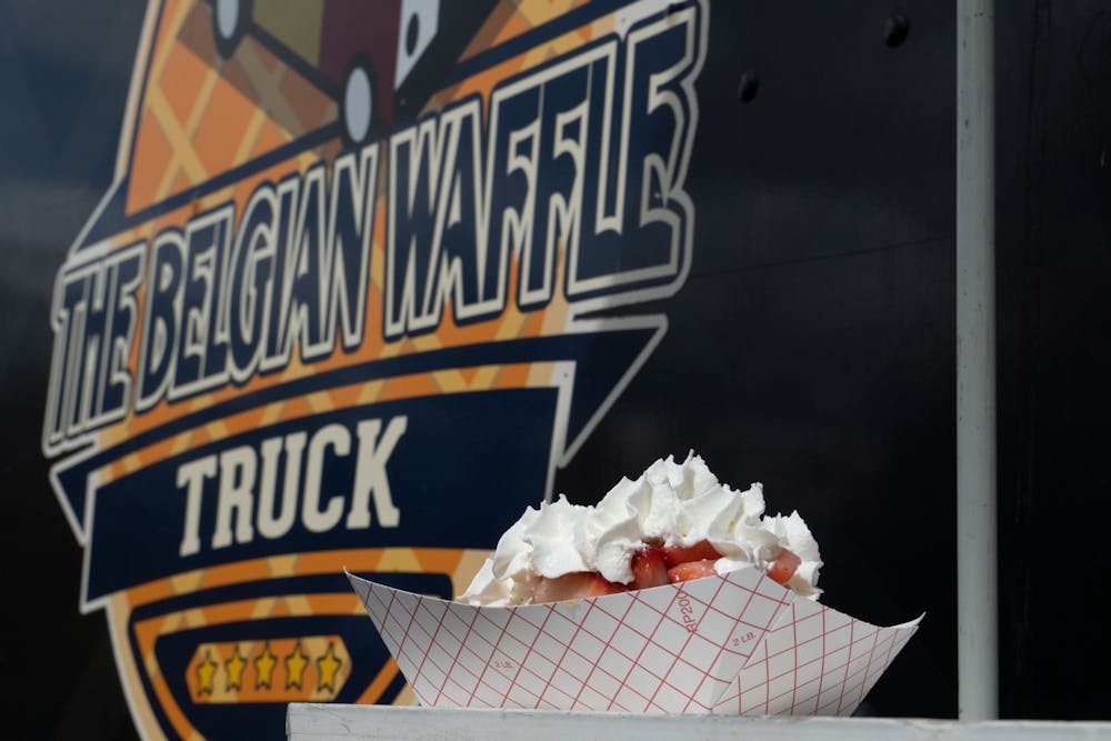 A freshly made strawberry waffle sits on the pickup counter of The Belgian Waffle Truck on March 22, 2022. The Belgian Waffle Truck provides fresh waffles to the USC campus regularly.
