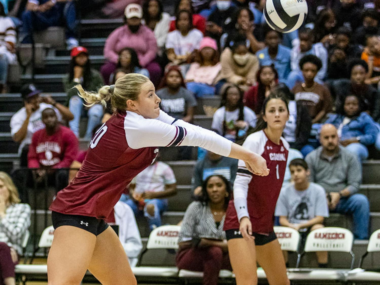 Junior outside hitter Riley Whitesides passes the ball during the matchup between South Carolina and Ole Miss on Nov. 6, 2022. The Gamecocks defeated Ole Miss 3-1.&nbsp;