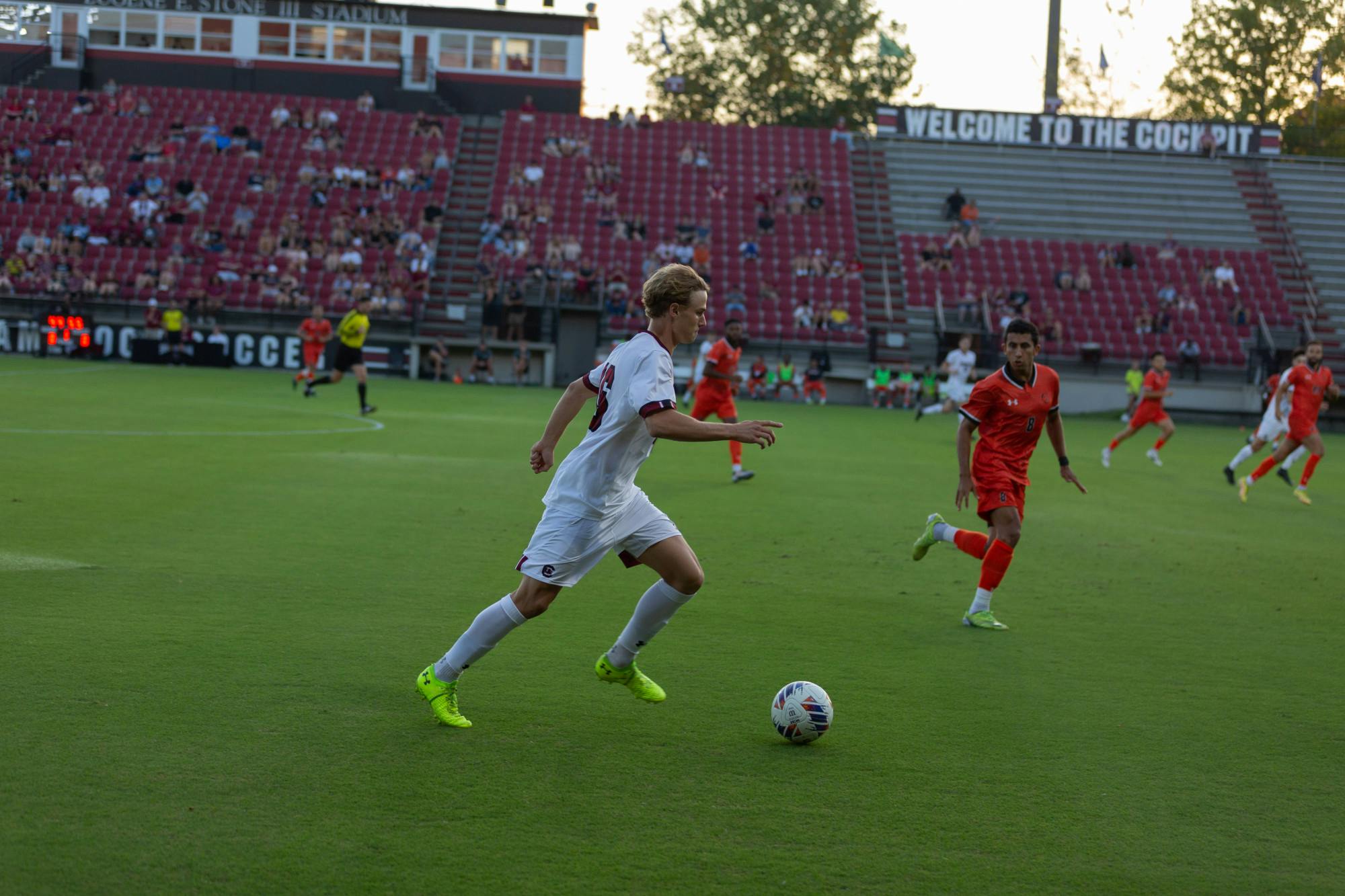 Freshman mid-fielder Christiano Bruletti works his way up the field for a goal attempt against the Campbell Camels. South Carolina defeated Cambell 1-0.