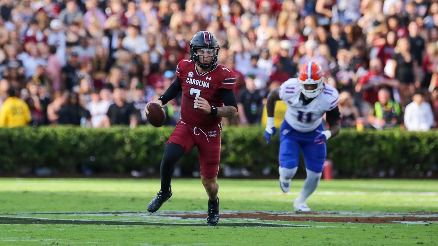 FILE — Redshirt senior quarterback Spencer Rattler runs the ball during South Carolina’s game against Florida on Oct. 14, 2023, at Williams-Brice Stadium. The Gamecocks lost to the Gators 41-39.