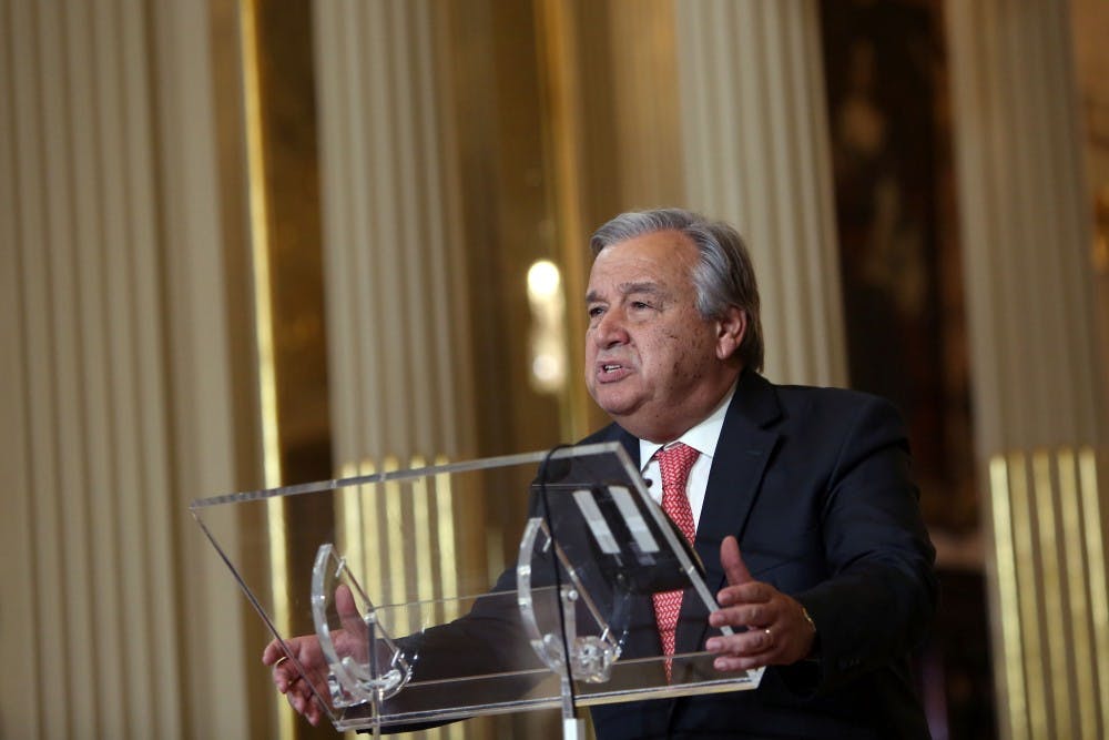 Antonio Guterres speaks to the press on Thursday, on Oct. 6, 2016 at the Ministry of Foreign Affairs in Lisbon, Portugal after his appointment as the next United Nations secretary general. (Pedro Fiuza/Zuma Press/TNS)