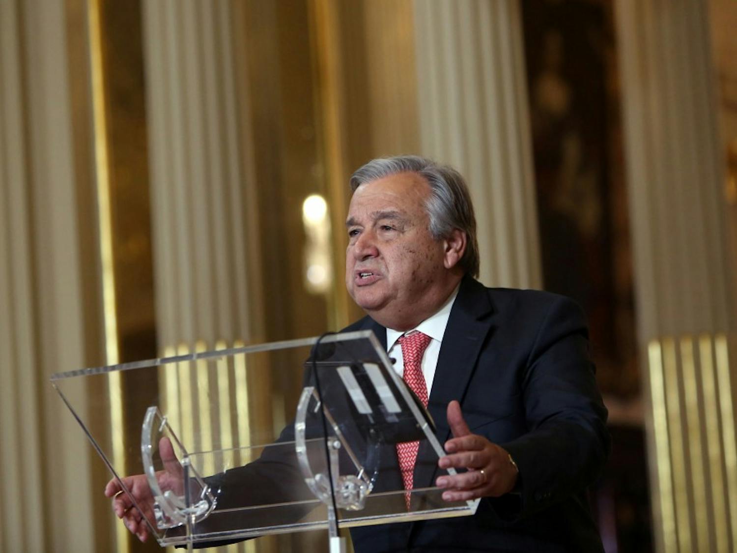 Antonio Guterres speaks to the press on Thursday, on Oct. 6, 2016 at the Ministry of Foreign Affairs in Lisbon, Portugal after his appointment as the next United Nations secretary general. (Pedro Fiuza/Zuma Press/TNS)
