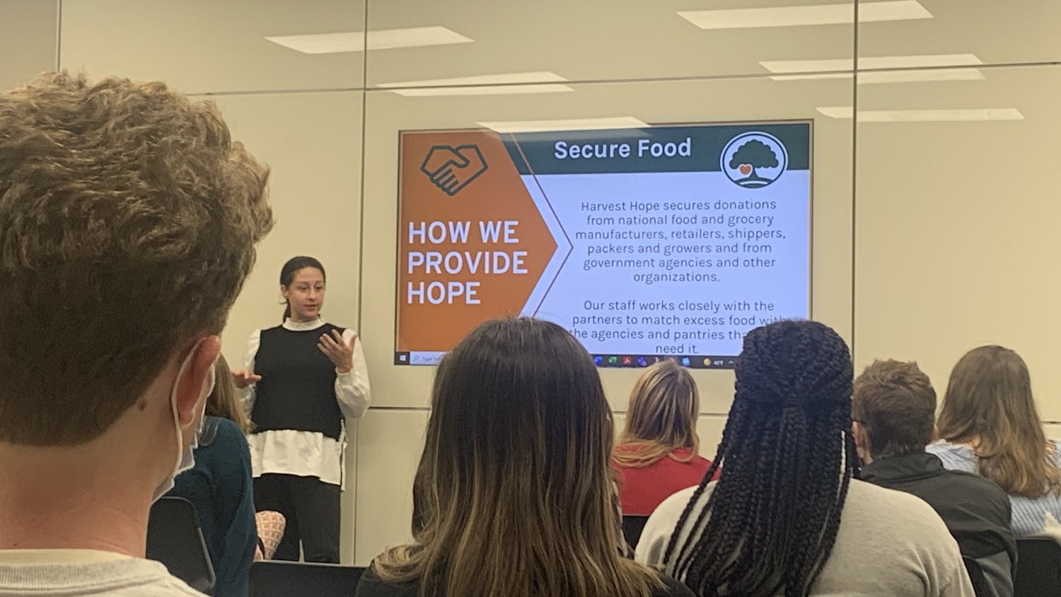 The Harvest Hope presentation was held at Russell House in Room 303 6-7:30 p.m. Presentation was about how they provide hope — that Harvest Hope secures donations from national food and grocery manufacturers, retailers, shippers, packers and growers and from government agencies and other organizations.&nbsp;