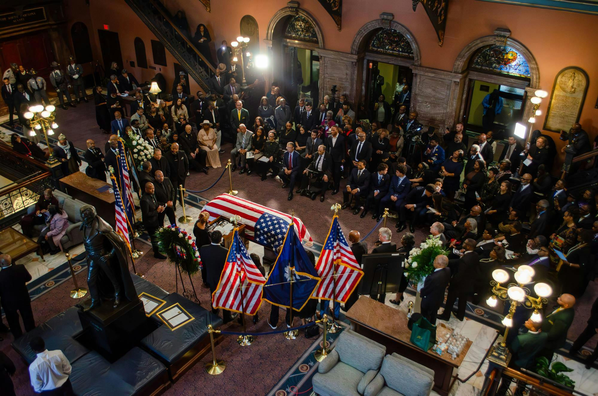 Attendees listen to remarks given at the lying-in-state of the Rev. Jesse Jackson in the South Carolina State House on March 2, 2026. Jackson, a civil rights leader who was a protégé of Martin Luther King Jr., passed away last month in Chicago, Illinois.