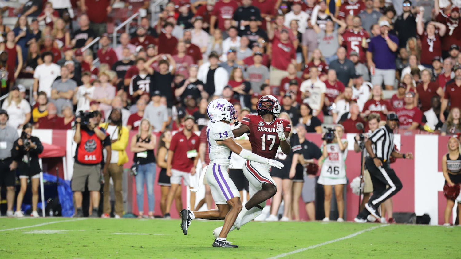 Fifth year wide receiver Xavier Legette running into the endzone to catch the ball for South Carolina's third touchdown of the night on Sep. 9, 2023. The South Carolina Gamecocks’ win 47-21 over the Furman Paladins at Williams-Brice Stadium, for the first game of the season.