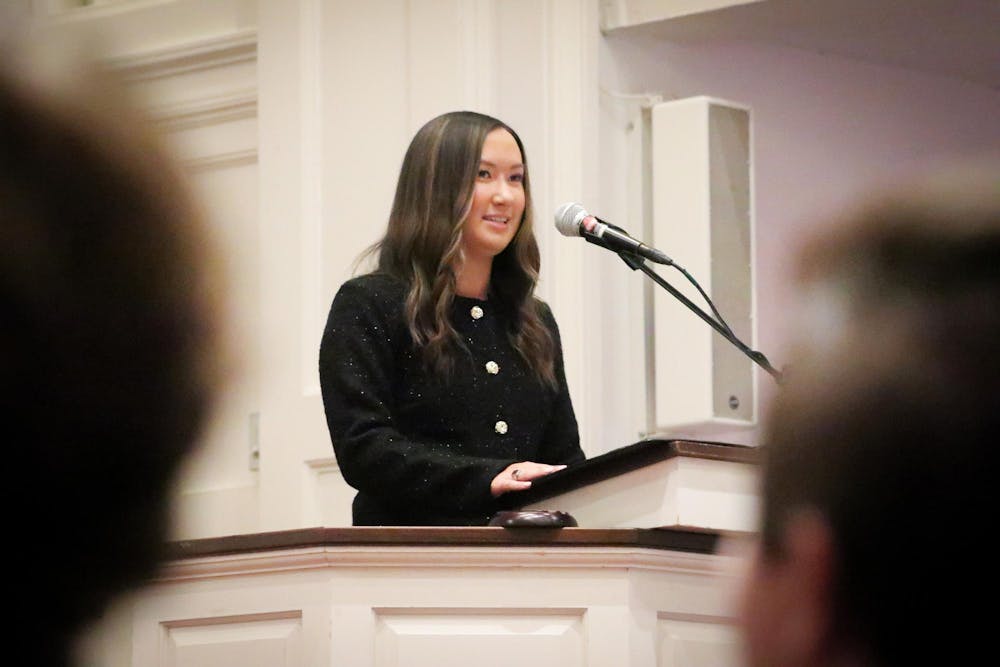 <p>Student Body President Emmie Thompson addresses the USC student government body in her State of the Student Body address on Feb, 1, 2024. The event took place in Rutledge Chapel on the USC Horseshoe.</p>