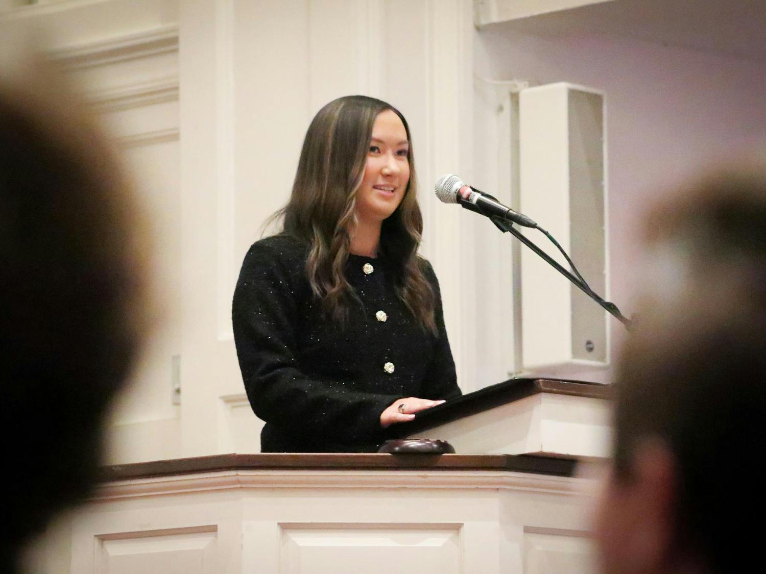 Student Body President Emmie Thompson addresses the USC student government body in her State of the Student Body address on Feb, 1, 2024. The event took place in Rutledge Chapel on the USC Horseshoe.