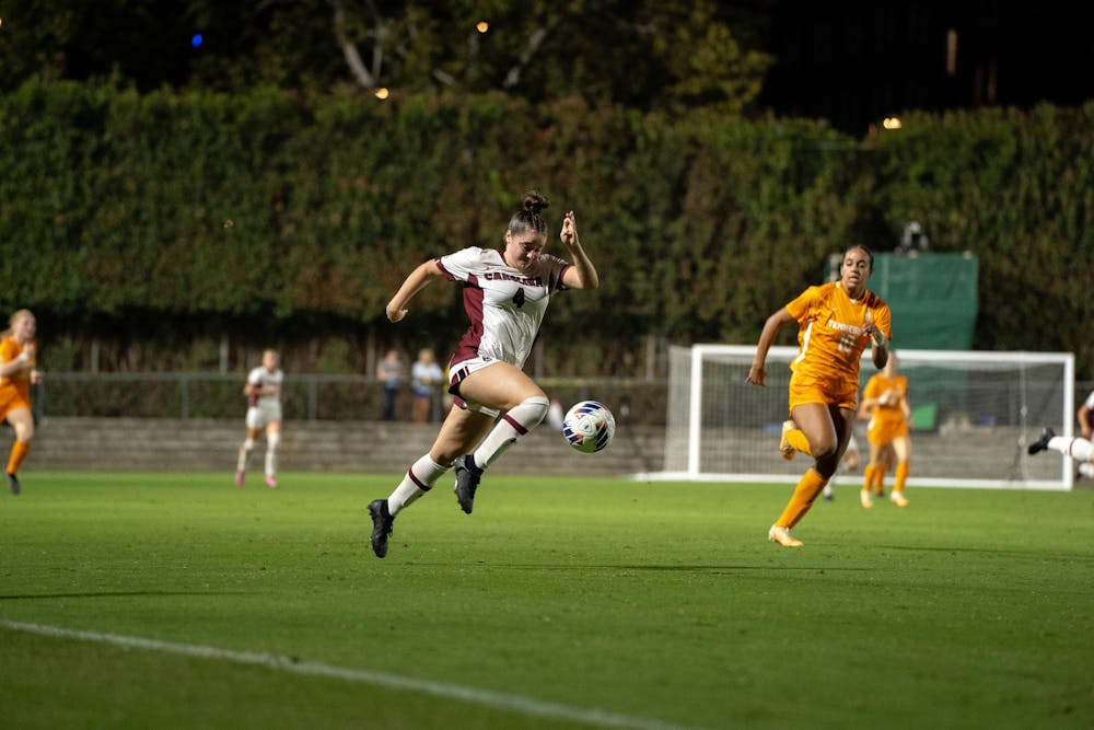 <p>Sophomore forward Shae O'Rourke sprints down the sideline. The Gamecocks drew 1-1 with the visiting Tennessee Volunteers.</p>