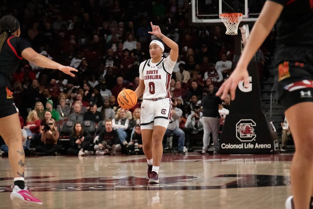 <p>Senior guard Te-Hina Paopao directs traffic as she brings up the ball for the Gamecocks in its game against Maryland at Colonial Life Arena on Nov. 12, 2023. The Gamecocks won 114-76.</p>