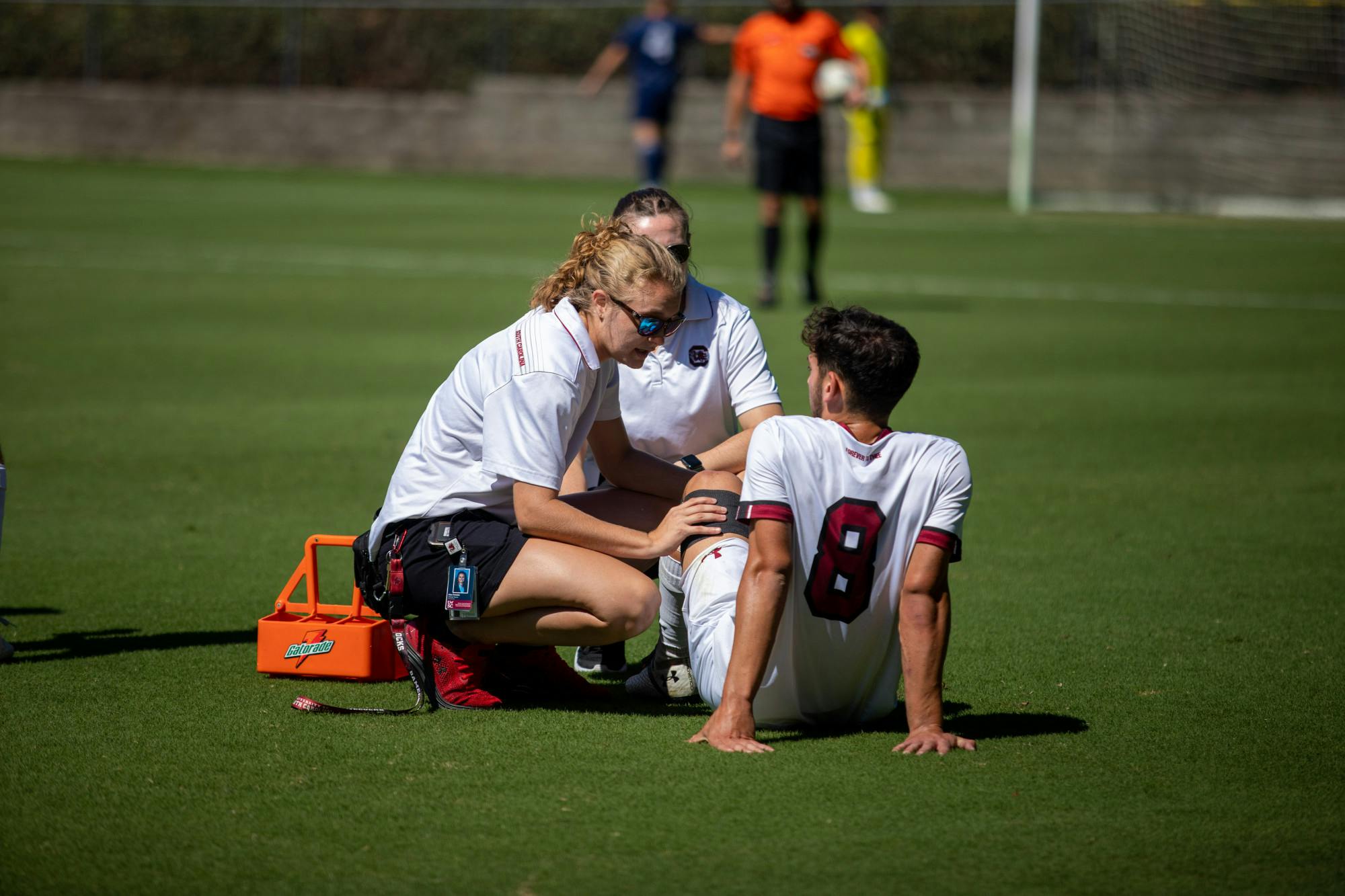 Freshman defender William Nilsson, gets checked out by the athletic trainers during South Carolina's game against Georgia Southern on Saturday, Sept. 24th, 2022.&nbsp;