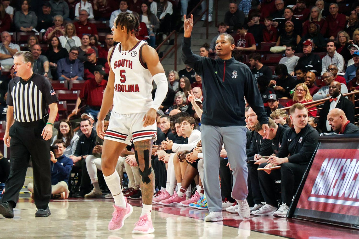 FILE —&nbsp;Gamecock basketball head coach Lamont Paris coaches junior guard Meechie Johnson during the Gamecocks' 75-60 victory over Vanderbilt on Feb. 10, 2024. Paris' contract was extended on March 15, 2024, to an additional six years.