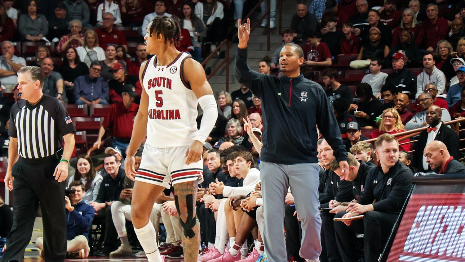 FILE — Gamecock basketball head coach Lamont Paris coaches junior guard Meechie Johnson during the Gamecocks' 75-60 victory over Vanderbilt on Feb. 10, 2024. Paris' contract was extended on March 15, 2024, to an additional six years.