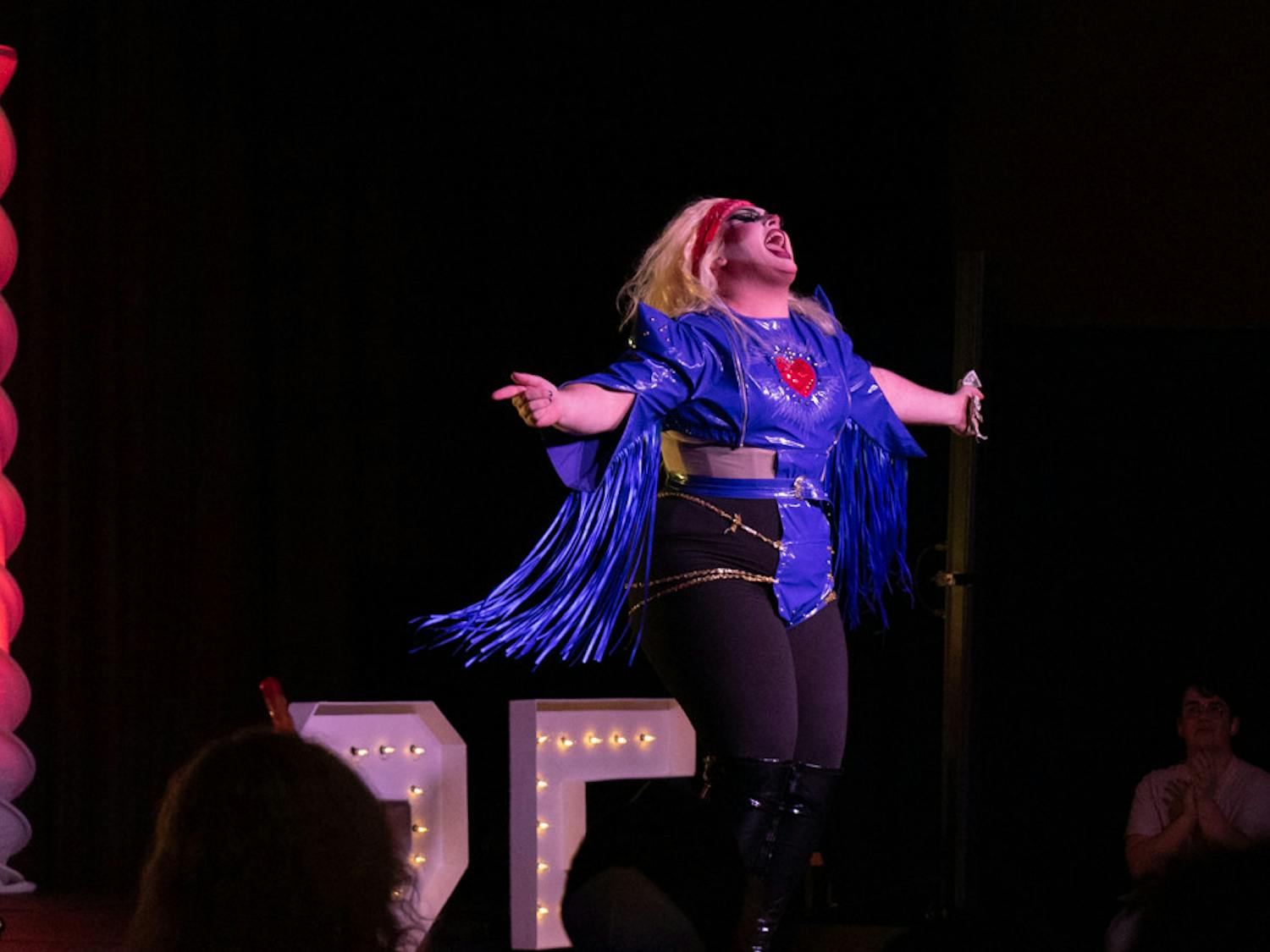 Gouda Judy sings to Lady Gaga's "Judas" during her set at USC's 25th Birdcage drag show. The show took place on April 12, 2023, and featured 18 queens and kings.