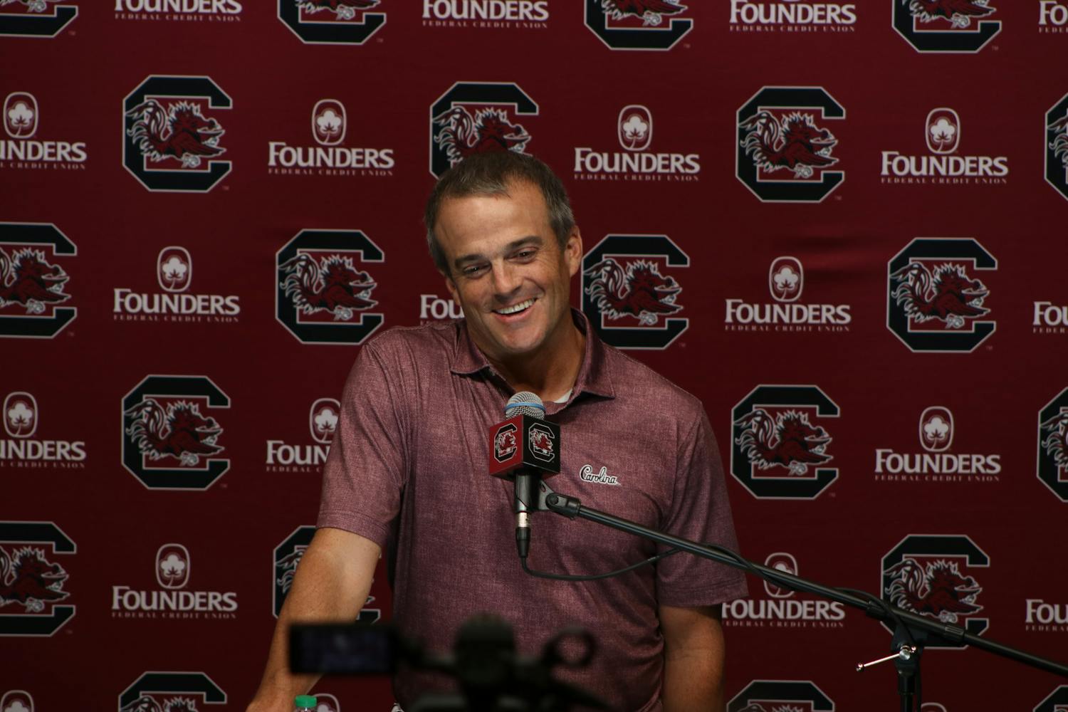 FILE — Gamecock head football coach Shane Beamer addresses the media at the Gamecock Football Operations Center on Sept. 26, 2023. Beamer spoke about the challenges facing the team ahead of the team's game against Tennessee.
