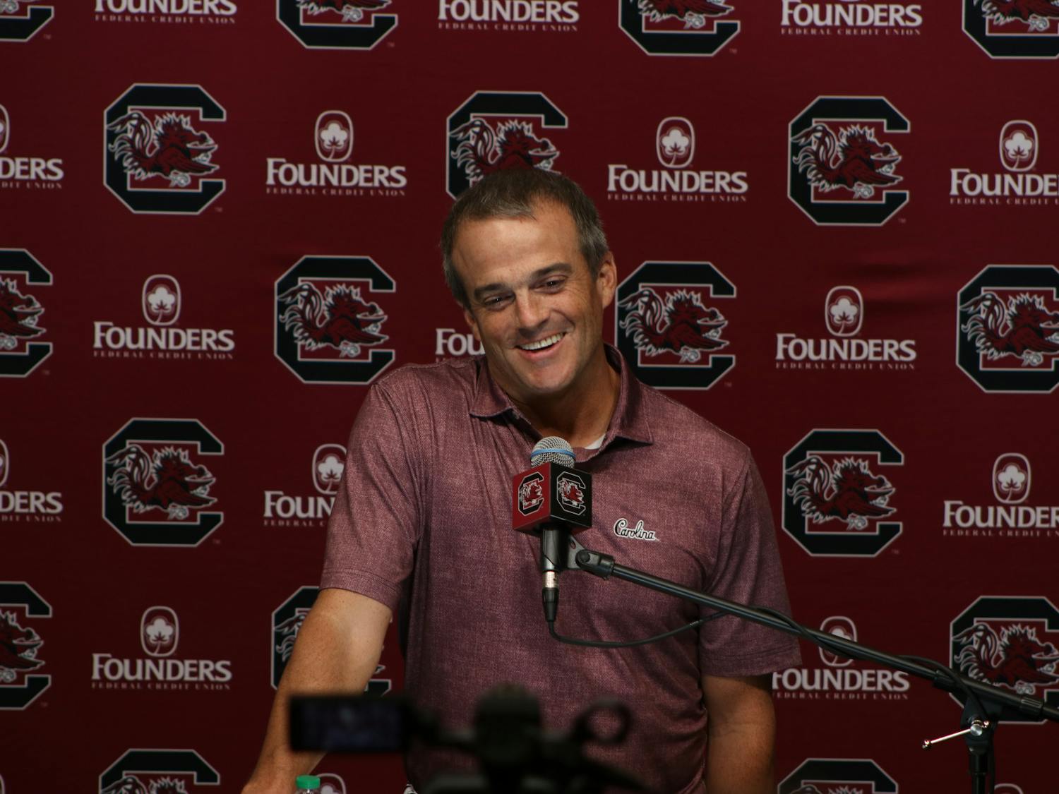 FILE — Gamecock head football coach Shane Beamer addresses the media at the Gamecock Football Operations Center on Sept. 26, 2023. Beamer spoke about the challenges facing the team ahead of the team's game against Tennessee.