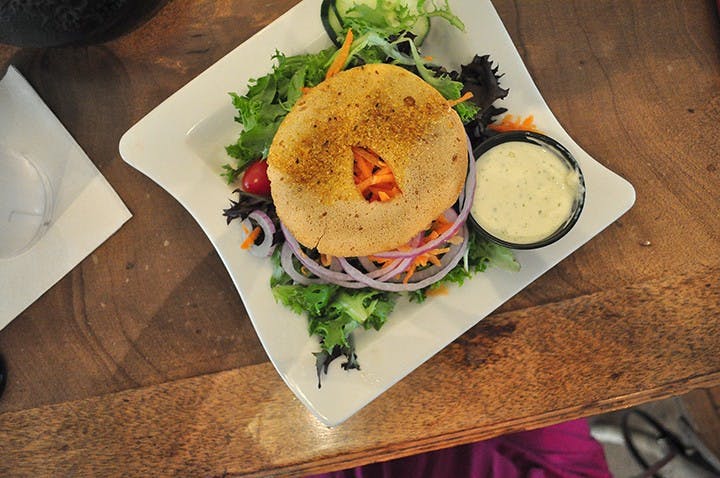 	Starter salad with a big ol&#8217; bagel crouton 