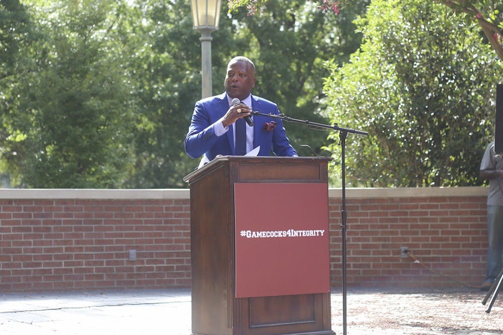 Columbia Mayor Steve Benjamin speaks during the rally at Russell House on Wednesday afternoon.&nbsp;