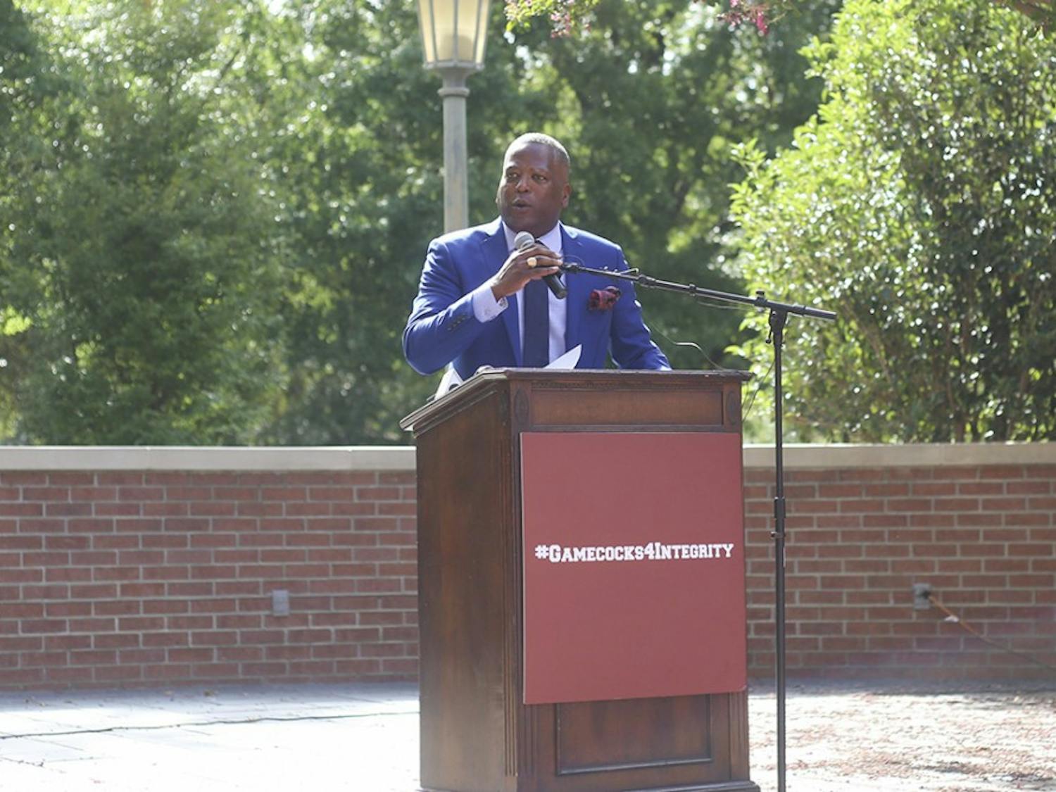 Columbia Mayor Steve Benjamin speaks during the rally at Russell House on Wednesday afternoon.&nbsp;