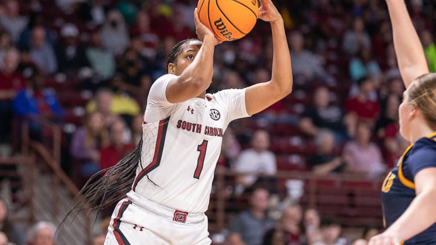 FILE— Senior guard Zia Cooke gets open for the jump shot during the South Carolina game versus East Tennessee State on Nov. 7, 2022. 