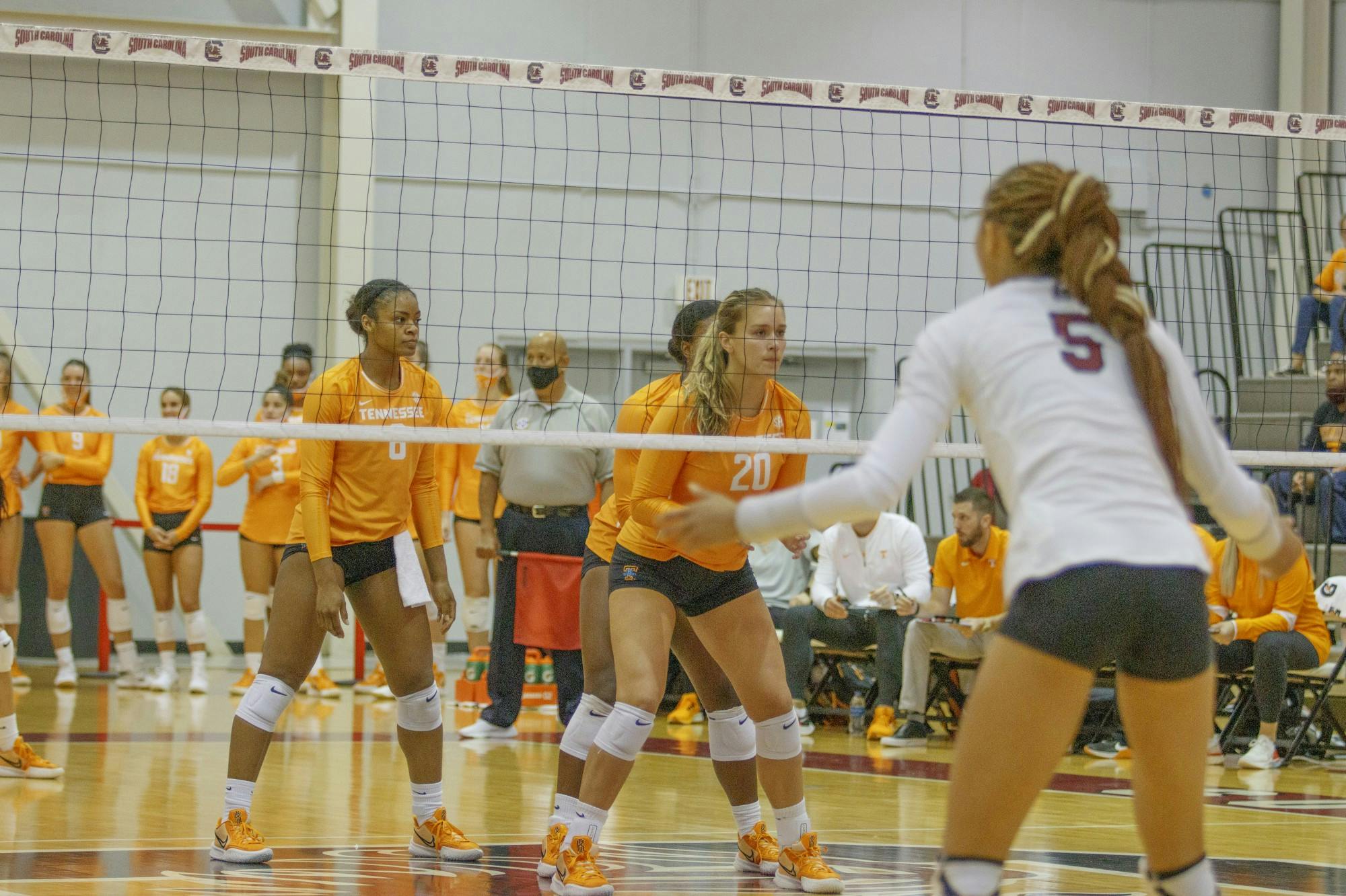 Graduate student outside hitter Kyla Manning on the front lines waiting for a serve during one of the South Carolina versus Tennessee volleyball games last weekend.